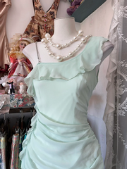 Light blue one-shoulder sexy ruffled maxi dress, ball gown R6345