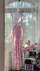 Pink lace halter-neck fitted bodycon long ball gown R6546