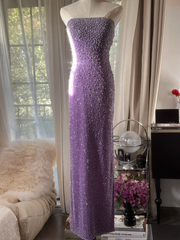 Purple strapless fitted waist slim beaded sexy long ball gown R7741