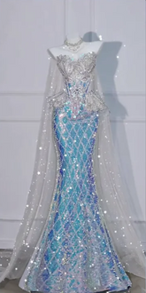 Blue Rhinestone-Embellished Strapless Fitted-Waist Slim-Fit Hip-Hugging Mermaid-Length Prom Dress R6506