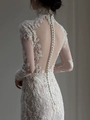 Long Sleeves Lace High Neck Wedding Dresses Long Bridal Gown S7208