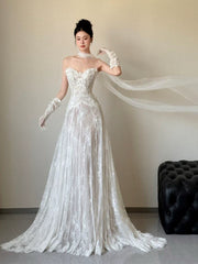 Sexy Lace Strapless Long Wedding Dresses Bridal Gown S7206