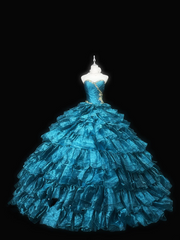 Peacock green strapless fitted waist puffy cake skirt long ball gown R8690