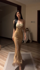 Gold halter-neck fitted waist slim sexy hip-hugging elegant ball gown R8070