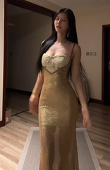 Gold halter-neck fitted waist slim sexy hip-hugging elegant ball gown R8070