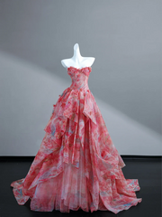 Pink floral tube top waist A-line long skirt, prom dress R5636