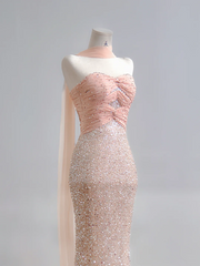 Light pink strapless, fitted waist, bodycon, sexy long ball gown R8183
