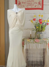 Apricot-colored sexy shawl-style fitted waist bodycon long ball gown R6228