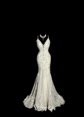 White halter-neck lace fitted bodycon long ball gown R6667