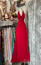 Red halter neck slim waist sexy A-line hip long skirt ball gown R6148