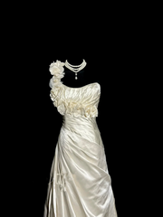 Apricot-colored one-shoulder 3D floral dress with a fitted waist and pleats, long ball gown R6668