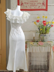 White ruffled neckline slim waist sexy maxi ball gown R6229