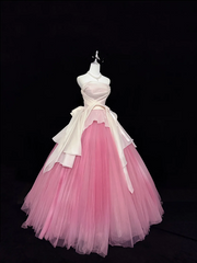 White strapless fitted waist, pink tulle skirt, long ball gown R9054