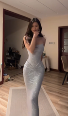 Light gray halter-neck fitted long sexy ball gown R7547
