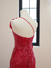 Red asymmetrical neckline, fitted waist, long ball gown R8473
