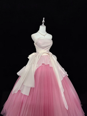White strapless fitted waist, pink tulle skirt, long ball gown R9054