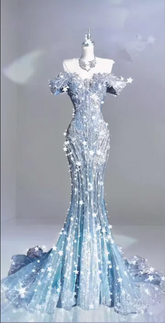 Light Blue Off-the-Shoulder Waist-Cinched Slim-Fit Crystal-Embellished Sexy & Luxe Ball Gown R7146