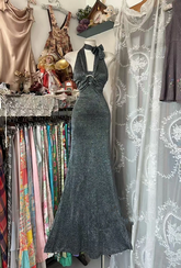 Grey halter neck, fitted waist, bodycon sexy long ball gown R7854