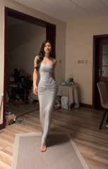 Light gray halter-neck fitted long sexy ball gown R7547