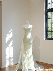 Light green strapless fitted long ball gown R8444