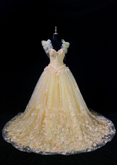 Light yellow square neckline fitted waist puff skirt long ball gown R8696