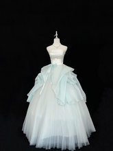 White strapless fitted waist, light green tulle skirt, long ball gown R9055