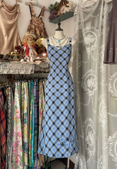 Blue plaid halter-neck straight-cut maxi dress, prom dress R6270