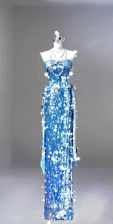 Blue Strapless Fitted-Waist Straight-Skirt Prom Dress R6510