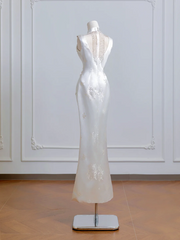 White cheongsam, fitted waist, slim hips, sexy long ball gown R8214