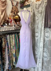 Purple halter-neck fitted long dress, ball gown R6349