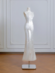 White cheongsam, fitted waist, slim hips, sexy long ball gown R8214