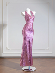 Light pink halter neck, fitted waist, sexy backless sequined long ball gown R8270