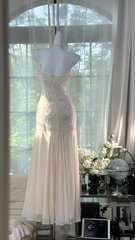 Champagne white halter-neck fitted long ball gown R7625