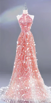 Pink halter neck sequined waist-cinching A-line long ball gown R6470