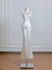 White cheongsam, fitted waist, slim hips, sexy long ball gown R8214