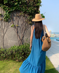 Bohemian retro blue white sling fishtail dress holiday style seaside beach dress sling dress long skirt R0196