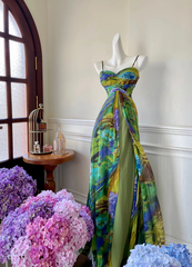 Yellow-green halter-neck high-waisted elegant long ball gown R6950