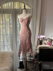 Light pink halter-neck fitted waist slim-fitting irregular hem midi ball gown R7706