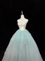 White strapless fitted bodice with light green tulle skirt, long ball gown R9057