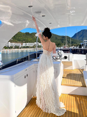 White Spaghetti Strap Waist-Cinched Fitted High-Slit Sexy Floor-Length Prom Dress R7110