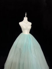White strapless fitted bodice with light green tulle skirt, long ball gown R9057