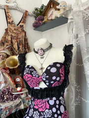 Retro print halter-neck fitted polka dot midi ball gown R7817