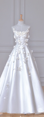 White Spaghetti-Strap 3D Floral Fitted-Waist Slim-Fit A-Line Long Bridal Gown R5910