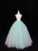 White strapless fitted bodice with light green tulle skirt, long ball gown R9057