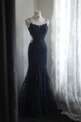 Navy blue halter-neck embroidered fitted waist bodycon long ball gown R6711
