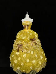Gold strapless, fitted waist, full skirt, long ball gown R9058