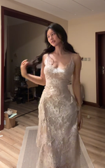 Light apricot halter-neck lace pattern fitted waist sexy long ball gown R7551