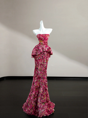 Pink floral tube top sexy long skirt with waist, prom dress R5641