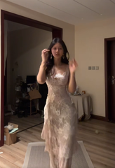 Light apricot halter-neck lace pattern fitted waist sexy long ball gown R7551