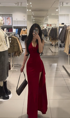 Red halter-neck, fitted waist, and slit long ball gown - sexy and charming R7778